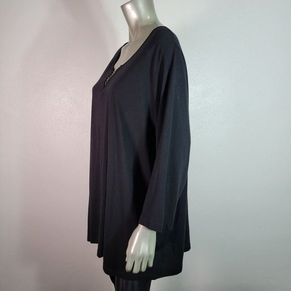 Catherines Top Plus Size 2X 22/24W V-Neck 3/4 Sleeve Stretch Cotton Black - Picture 3 of 6